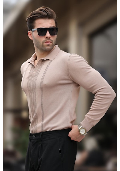 Madmext Bej Polo Yaka Çizgili Erkek Triko Kazak 7265 Bej