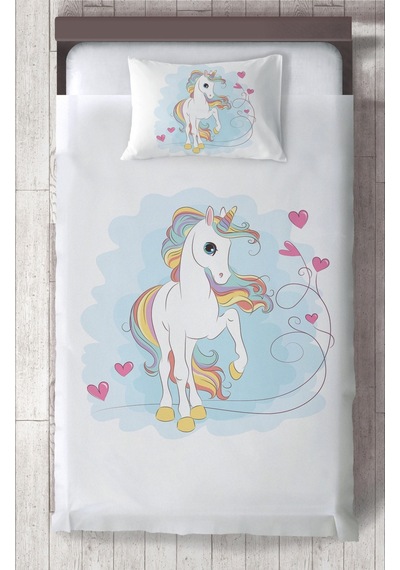Mekta Home Bebek Ve Çocuk Odası Kalpli Unicorn Desenli Yatak Örtüsü Renkli