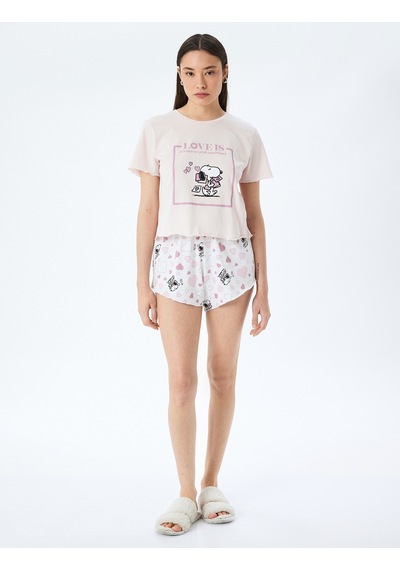 Koton Pamuklu Lisanslı Snoopy Baskılı Kısa Kollu Şortlu Pijama Takımı Pembe 5slk40083mk Gül