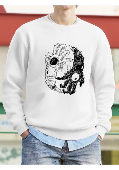 Startmore Startmorecanavar Palmiye Gözleri Korkunç Baskılı Sweatshirt Erkek Polar Bol Moda Sokak Giysisi Yuvarla Beyaz