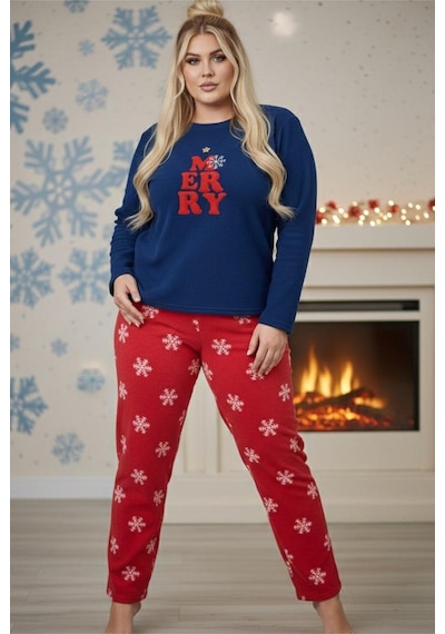 Siyah İnci Nakışlı Büyük Beden Polar Kışlık Örme Pijama Takım 25222580 Lacivert