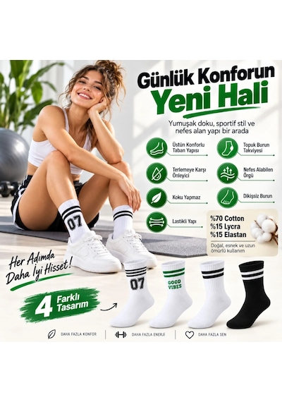 COJans Unisex Çorap Çizgili 8'li Set 07 Good Vibes Baskılı Siyah Beyaz Uzun Soket Spor Kolej Stil Çorap Çok Renkli