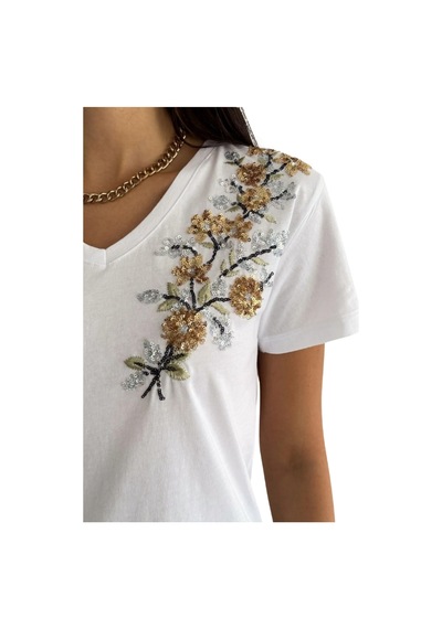 Cassime Kadın Beyaz Çiçek Pul Payet İşlemeli %100 Pamuk Kısa Kollu Tişört S-m-l-xl-2xl-3xl Altın