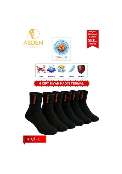 Asden Tekstil 6 Çift Kadın Termal Havlu Çorap - Kışlık Yumuşak - Premıum Pamuk - Burun Dikişsiz Beyaz 6çiftsiyah