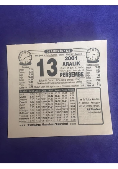 13 Aralık 2001 Takvim Yaprağı - Nostalji Koleksiyonluk Takvim Yaprağı B