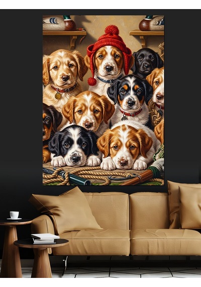 Kışlık Şapka Takmış Sevimli Köpekler Dekoratif Kanvas - Mdf Ahşap Tablo