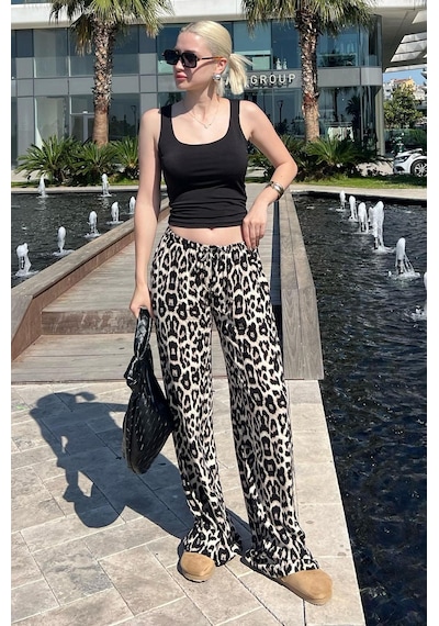Madmext Krem Ayarlanabilir Bel Leopar Desenli Bol Paça Pantolon Mg2095-krem Krem