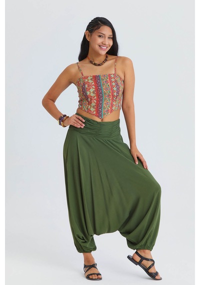 Drape Detay Beli Lastikli Şalvar Pantolon Açık Haki
