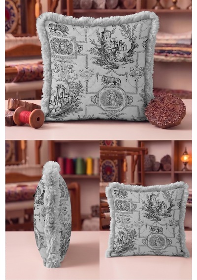Vintage Toile De Jouy Saçaklı Yastık Kılıfı - Klasik Pastoral Gri Krem Vizon Püsküllü Kırlent Kılıfı Kahverengi
