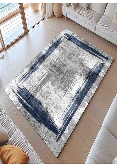 Gri Zemin Mavi Çerçeve Modern Halı Dekoratif Kilim Gri