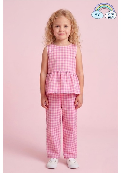 My Kids Wear Kız Çocuk Pötikareli Peplum Bluz Ve Pantolon Takımı 12689 Pembe