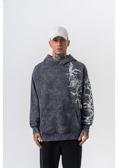 Respire Erkek Far From Basic Baskılı Yıkamalı Kapüşonlu Oversize Hoodie Siyah