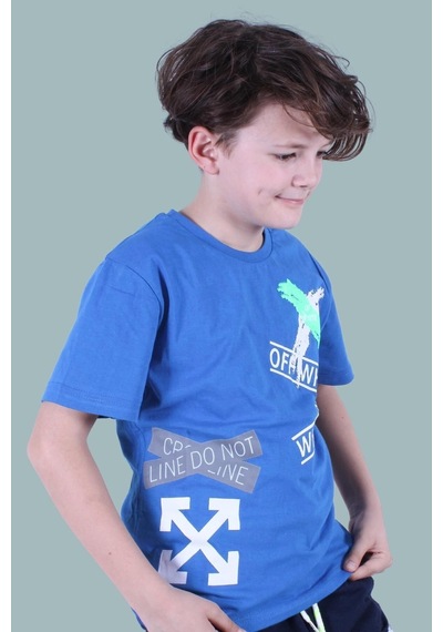 Panios Kids X Baskılı Sıfır Yaka Erkek Çocuk Mavi T-shirt Mavi