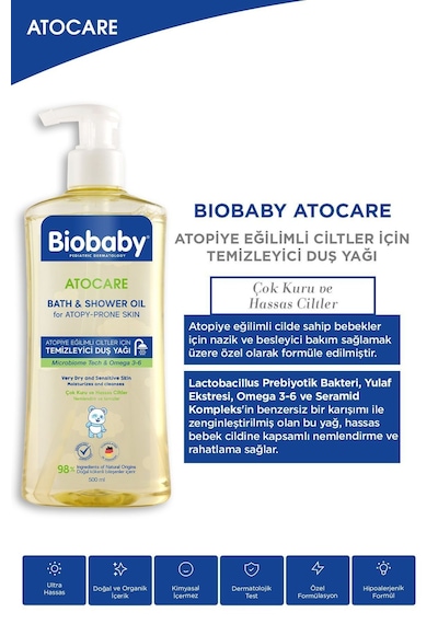 Biobaby Atocare Atopi Eğilimli Ciltler İçin Temizleyici Duş Yağı 500 Ml Seramid Prebiyotik Omega 3 - 6 Yulaf