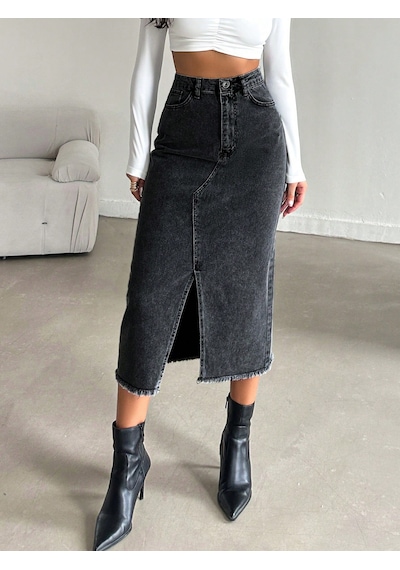 Kadın Denim Pamuklu Yırtmaçlı Uzun Siyah Etek