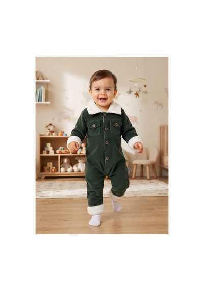 Chicsy Baby Tatlı Premium Çizgili Kadife İçi Peluşlu Welsoft Detaylı Düğmeli Cepli Erkek Bebek Tulum Haki
