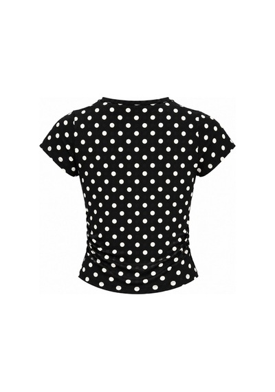 Vadon 1004 Kadın Pamuklu Kare Yaka Puantiyeli Yan Büzgü Detaylı Crop T-shirt Bluz Siyah
