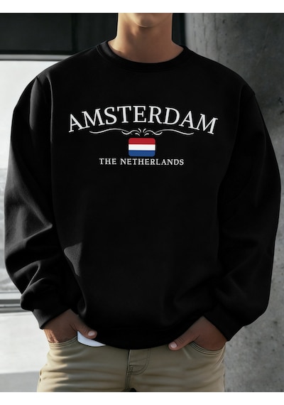 Startmore Startmoreamsterdam Hollanda Baskılar Erkekler Polar Hip Hop Spor Uzun Kollu Bisiklet Yaka Gevşek Kazak Siyah