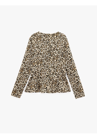 Koton Slim Bisiklet Yaka Uzun Kollu Leopar Desenli Peplum Hırka Bej Desenli 7wak30126ek Ekru