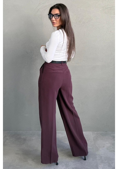 Madmext Mürdüm Yüksek Bel Pileli Kemerli Geniş Paça Kadın Pantolon Mg2615 Mürdüm