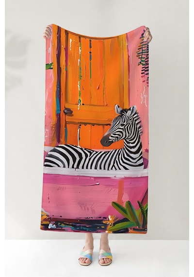 Zebra Temalı Tropikal Plaj Havlusu - Modern Safari Pembe Turuncu Hızlı Kuruyan Mikrofiber Havlu Çiy Armut