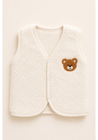 Beniizle Ayıcık Nakışlı Çıtçıtlı Welsoft Unisex 2'li Bebek Yelek Beyaz