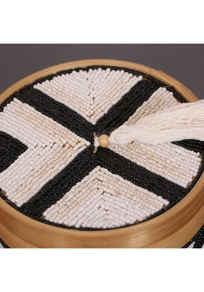Bali Boncuklu Bambu Saklama Kutusu M 17x17 Cm Beyaz
