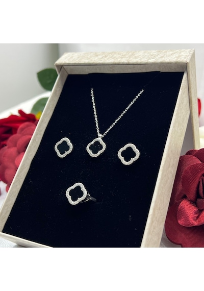 Yonca Siyah Taşlı Kadın 3'lü Seti 925 Ayar Gümüş Radyumlu 12 Mm Gümüş
