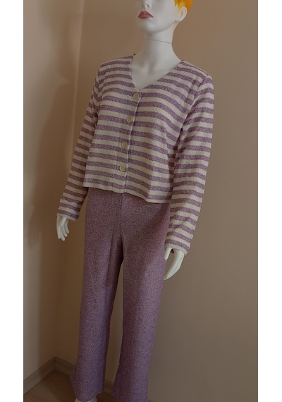 Crop Kesim Çizgili Pijama Takımı Dowry Mor