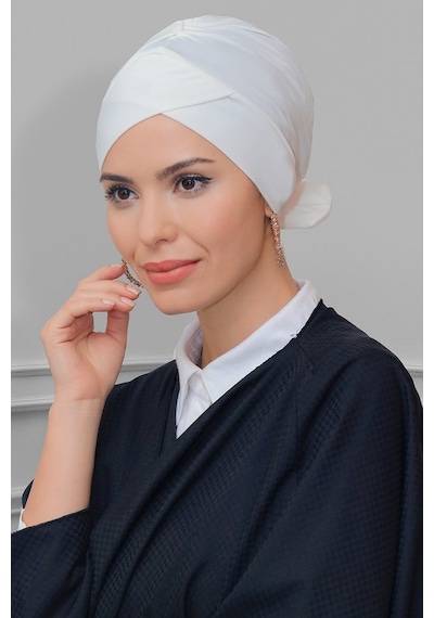 Hürrem Bone Krem Pratik Hazır Geçmeli Tesettür Bone Sandy Kumaş Fiyonklu Çift Krem