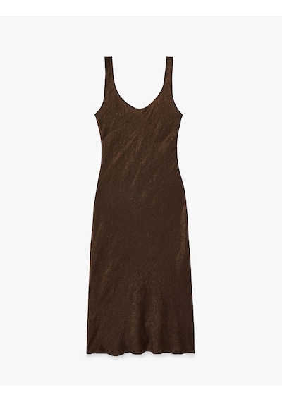 Koton Kolsuz U Yaka Slim Fit Saten Midi Abiye Elbise Kahverengi 6sak80115uw Kahve