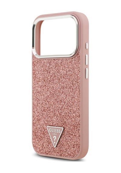 Apple Uyumlu iPhone 17 Pro  Kılıf Guess Lisanslı M-safeli Metal Kamera Çerçeveli Üçgen Logolu Glitter Pembe Pembe