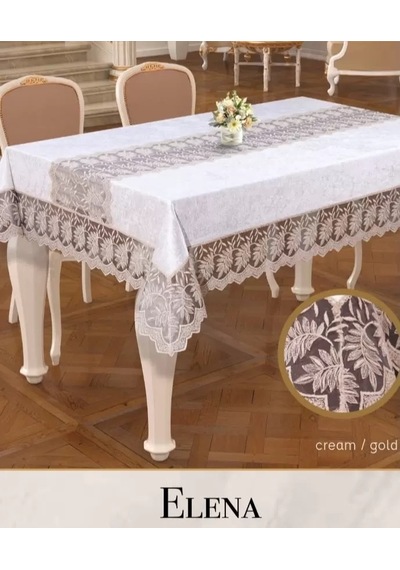 Elena Model Krem-gold Keten İşlemeli 160x220 Cm Dantelli Yemek Masası Örtüsü Renkli