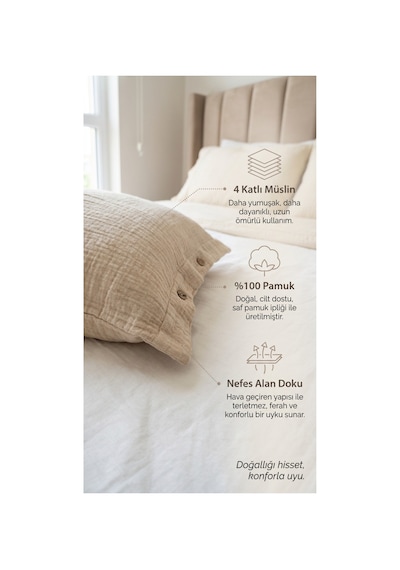 4 Katlı Müslin Naturel %100 Pamuklu 2 Adet Yastık Kılıfı 50x70cm Bej - 870006769 Bej