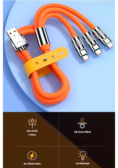 Bucuks 3 İn 1 Type-c + Micro Usb + Lightning Hızlı Şarj Kablosu Silikon Kablo 1 Metre Opp Ambalaj Renkli