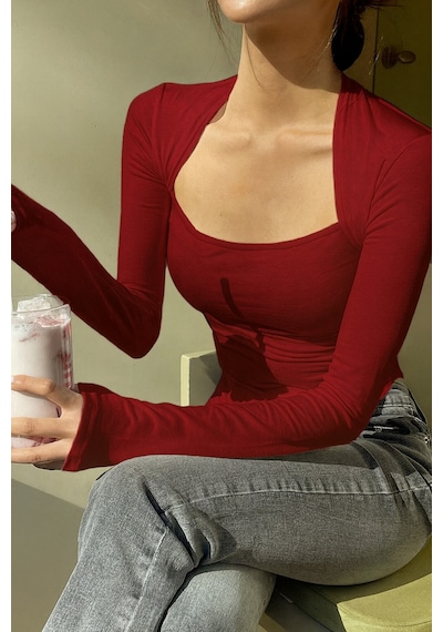 Kadın Kuğu Yaka Uzun Kollu Slim Bluz Bordo