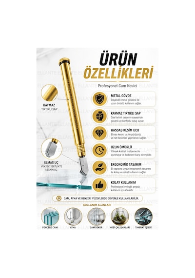 Profesyonel Elmas Uçlu Cam Kesici - Metal Gövde Hassas Cam Kesme Aparatı Ergonomik Sap