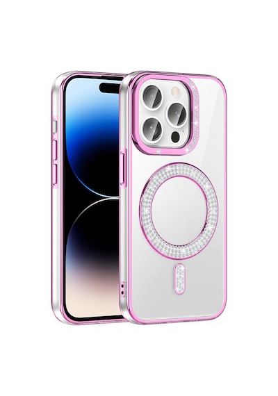 Apple Uyumlu iPhone 14 Pro Max Kılıf Pırlanta Taş Tasarımlı M-safe Şarj Özellikli Zore Karetta Silikon Kapak Mor