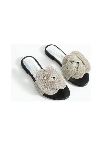 Dabab Shoes Lumıry Siyah Kadın Taşlı Düğümlü Bantlı Düz Işıltılı Terlik