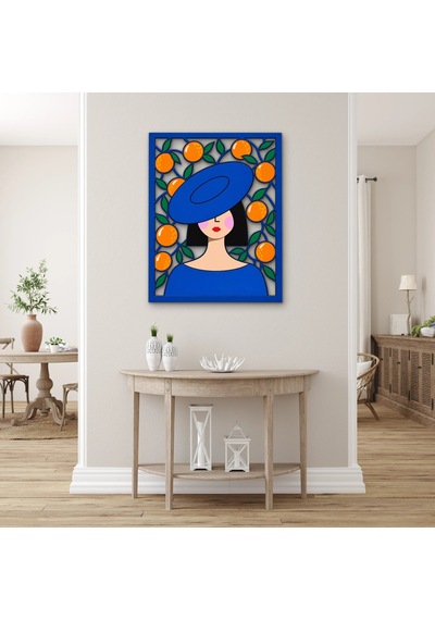 Portakallar Ve Mavi Şapkalı Kadın Metal Tablo 99x125 Cm Çok Renkli