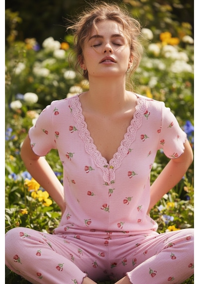 Siyah İnci Dantelli Bürümcük-krınkıl Kısa Kollu Pijama Takım 26120727 Somon