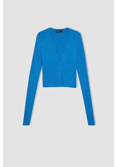 Defacto Coool Regular Fit Crop Düğmeli V Yaka Triko Hırka A2076AX23AUBE124 Mavi