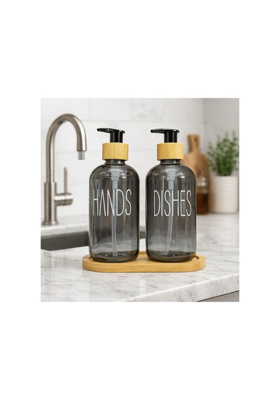 Buççin Online Mağaza 2 Li Cam Sıvı Sabunluk Seti Ahşap Standlı Mutfak&banyo İçin Şık Dispenser Hands & Dishes Cam Siya Çok Renkli