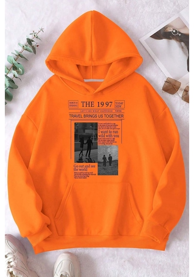 Uyguntarz Unisex The 1997 Travel Baskılı Sweatshirt Turuncu