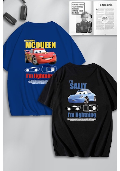 Unisex Kadın Erkek Şimşek Mcqueen & Sally Sırt Baskılı Sevgili Çift Kombini Tasarım Oversize Tshirt Mavi Siyah Mck0484 Çok Renkli