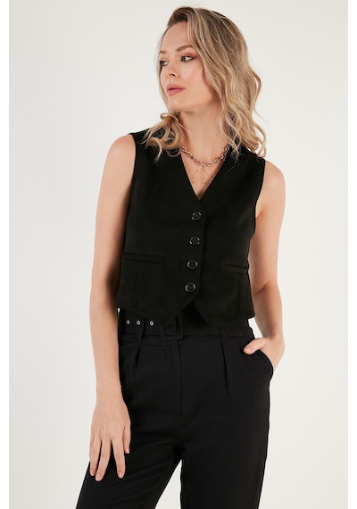 Lela Fitted Scuba Süet V Yaka Düğmeli Bayan Yelek 5865576 Siyah
