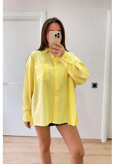 Kadın Oversize Pens Detaylı Cepli Yırtmaçlı Rahat Kalıp Poplin Gömlek - Sarı Çok Renkli Kadın Oversize Pens Detaylı Cepli Yırtmaçlı Rahat Kalıp Poplin Gömlek - Sarı Çok Renkli