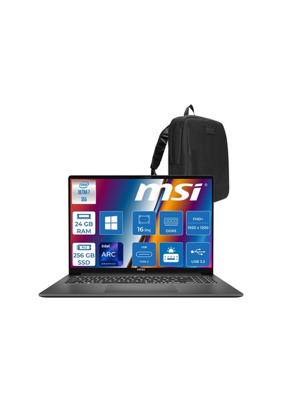 MSI Modern 16S AI+ G3MG G3MG-049TRH06 Ultra 7 355 24 GB 256 GB SSD 16" W11H Dizüstü Bilgisayar +Çanta