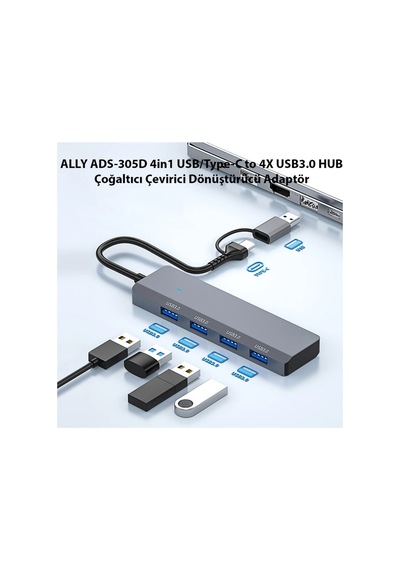 Ally Ads-305d 4in1 Usb/type-c To 4x Usb3.0 Hub Çoğaltıcı Çevirici Dönüştür - Karbul4718-6 Gri