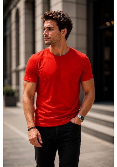 Luxıc Core Erkek Slim Fit Kırmızı Bisiklet Yaka Pamuk Penye Günlük Rahat Basic Tişört